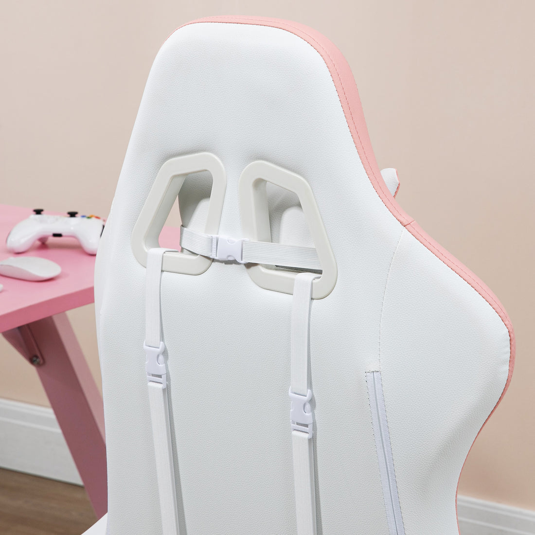 Vinsetto Gaming Chair, Computer Gamer Chair with Reclining High Back, Headrest, Lumbar Support, Footrest, Swivel Wheels, PU Leather, Adjustable Height for Home, White and Pink