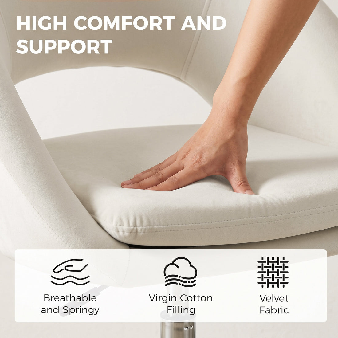 HOMCOM Velvet Desk Chair, Modern Office Chair with Height-Adjustable, Wheels, for Home Study Bedroom, Cream
