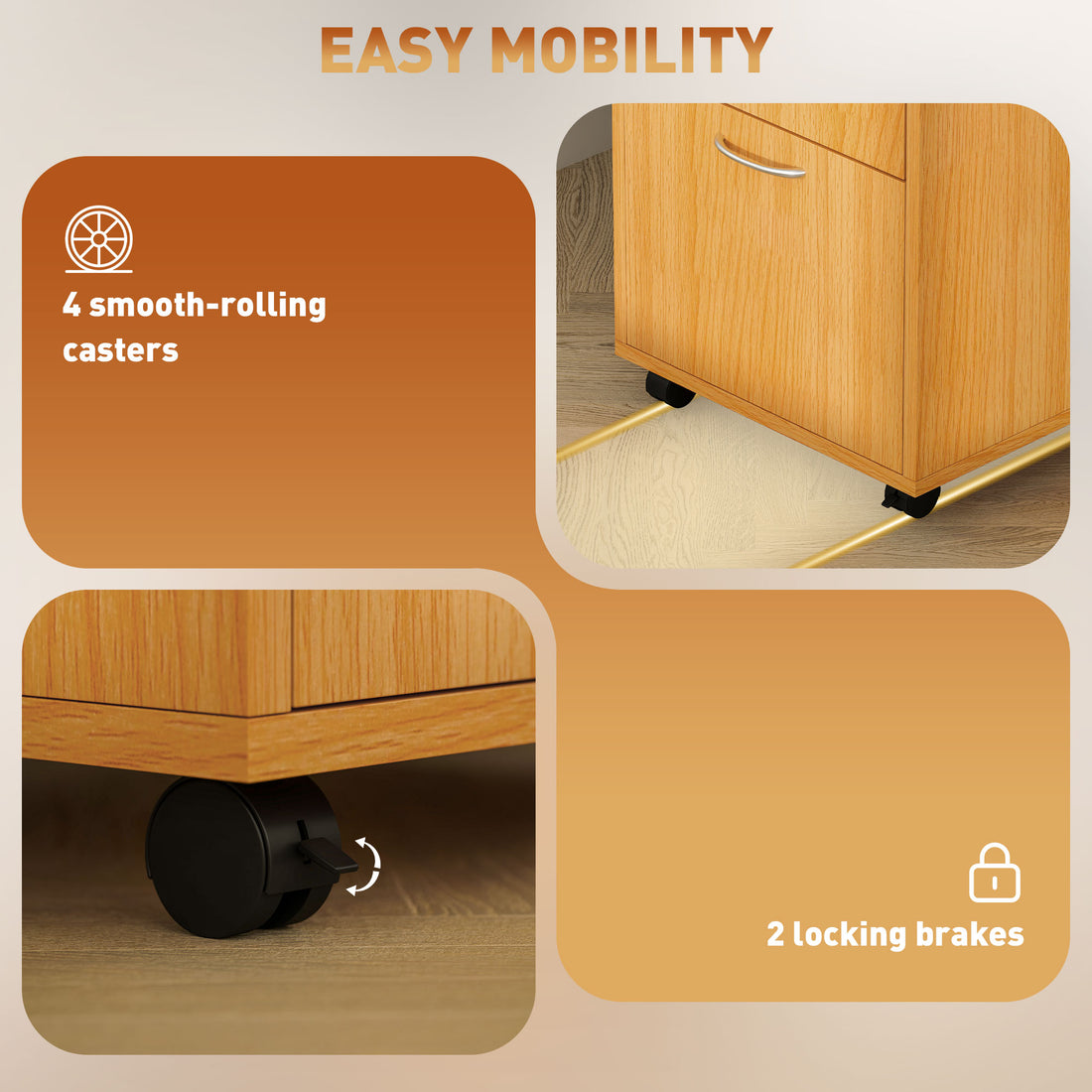 HOMCOM Filing Cabinet, Mobile File Cabinet with 2 Drawers, Office Home Organiser on Wheels, Natural Wood Finish