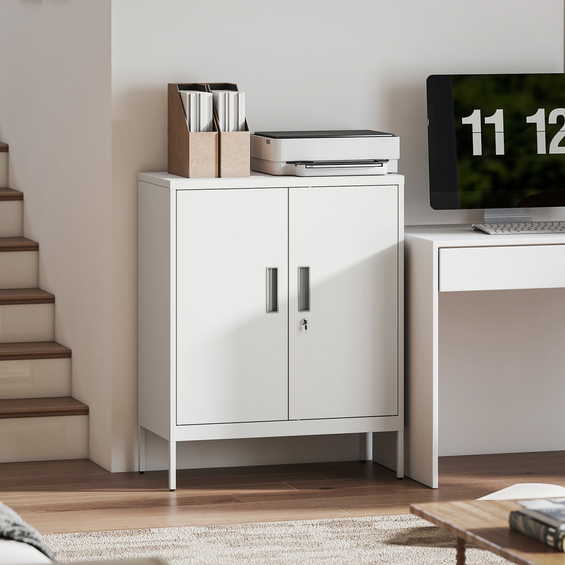 HOMCOM Metal Storage Cabinet with Lock and Adjustable Shelves - White