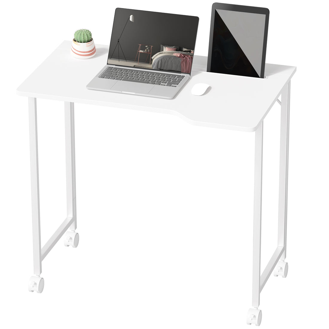 HOMCOM Small Folding Desk, with Wheels - White Wood-Effect