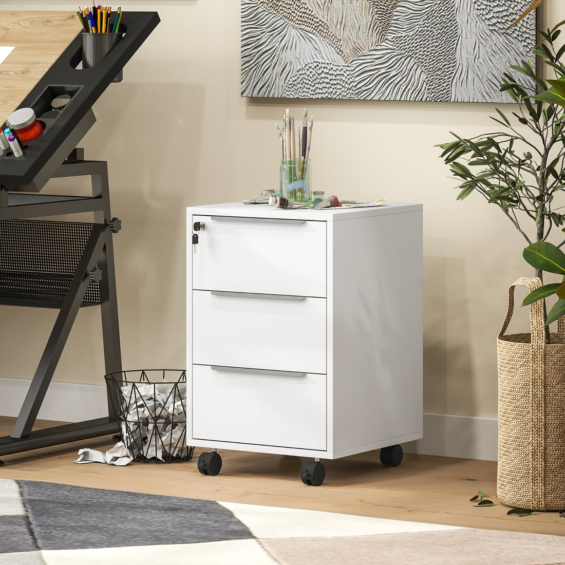 HOMCOM Three-Drawer Locking Filing Cabinet - White