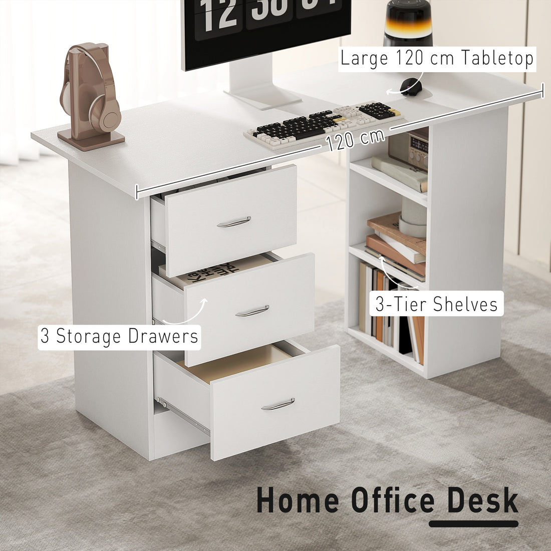 HOMCOM Computer Desk, Home Office Desk, Writing Table, PC Workstation with 3 Storage Shelves and 3 Drawers for Working, Study, 120 x 49 x 72 cm, White
