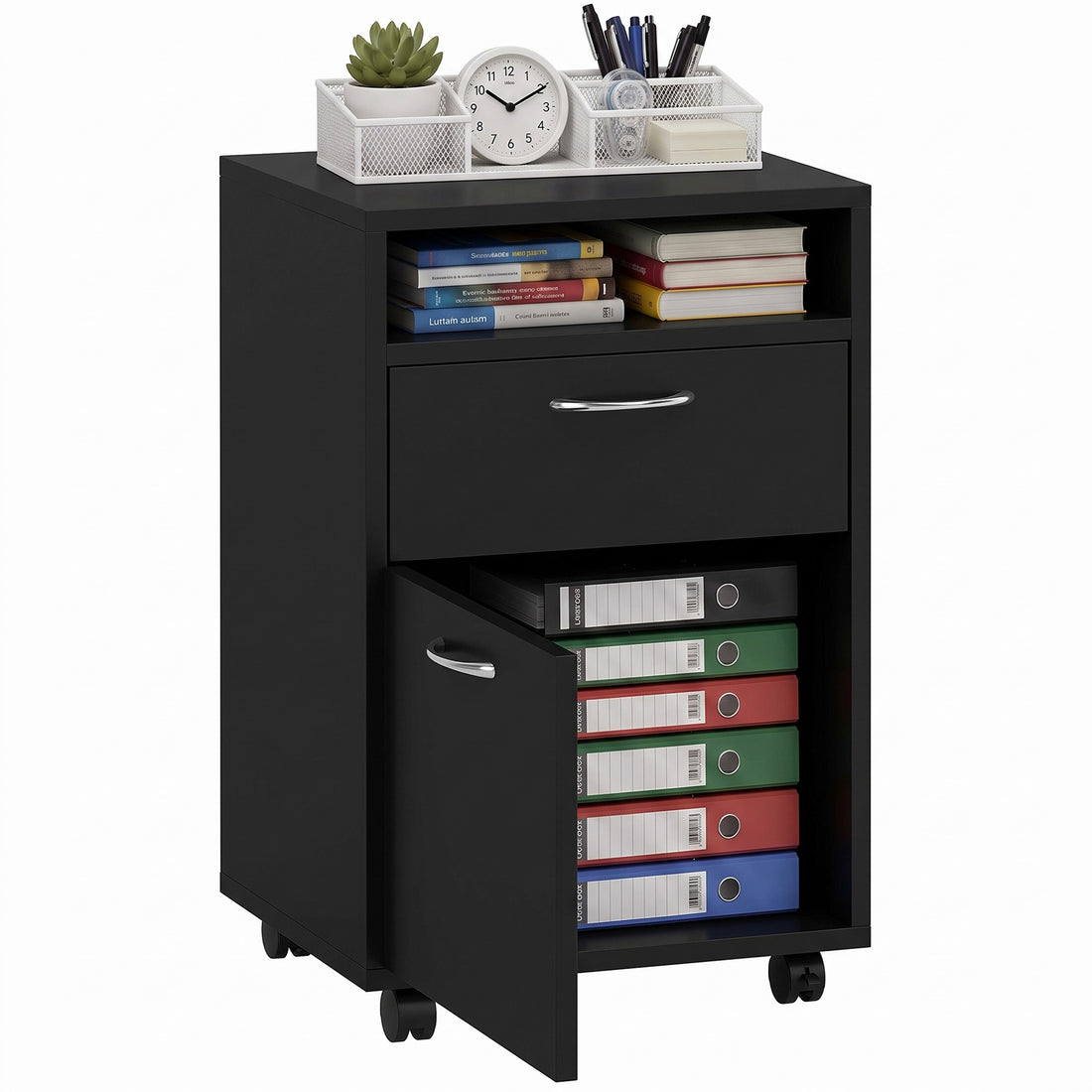 HOMCOM Filing Cabinet, Mobile File Cabinet with 2 Drawers, Office Home Organiser on Wheels for A4, Letter-Size File Folders, Mobile Printer with Open Shelf, Black