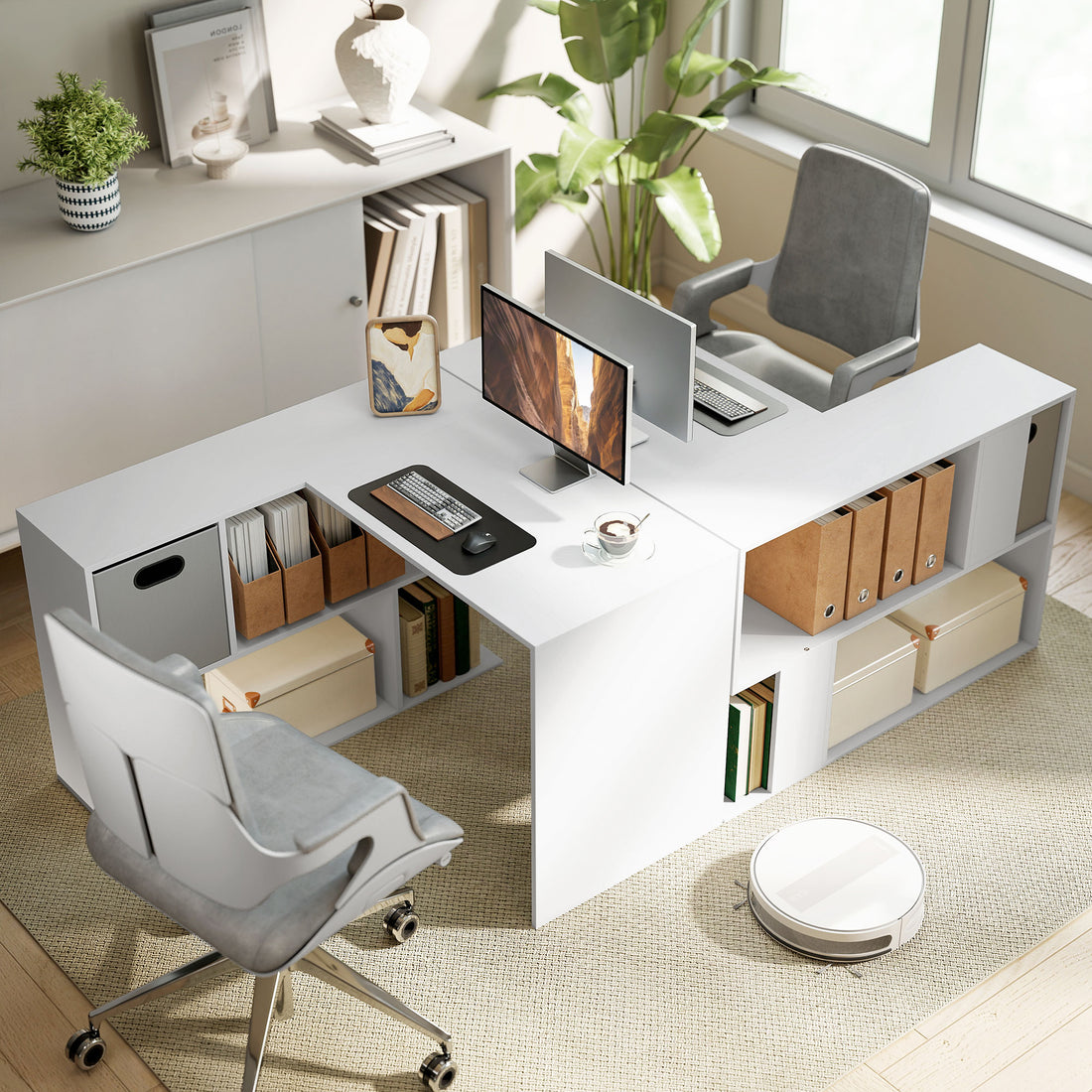 HOMCOM L Shaped Computer Desk, 110 x 100cm Corner Desk with Fabric Drawer and Storage Shelves, White