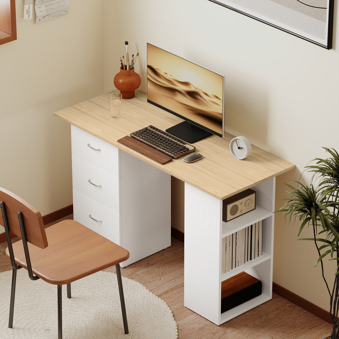 HOMCOM Computer Desk with Drawers, Home Office Desk, Writing Table, PC Workstation with 3 Storage Shelves for Working, Study, 120 x 49 x 72 cm, Natural Wood Finish and White