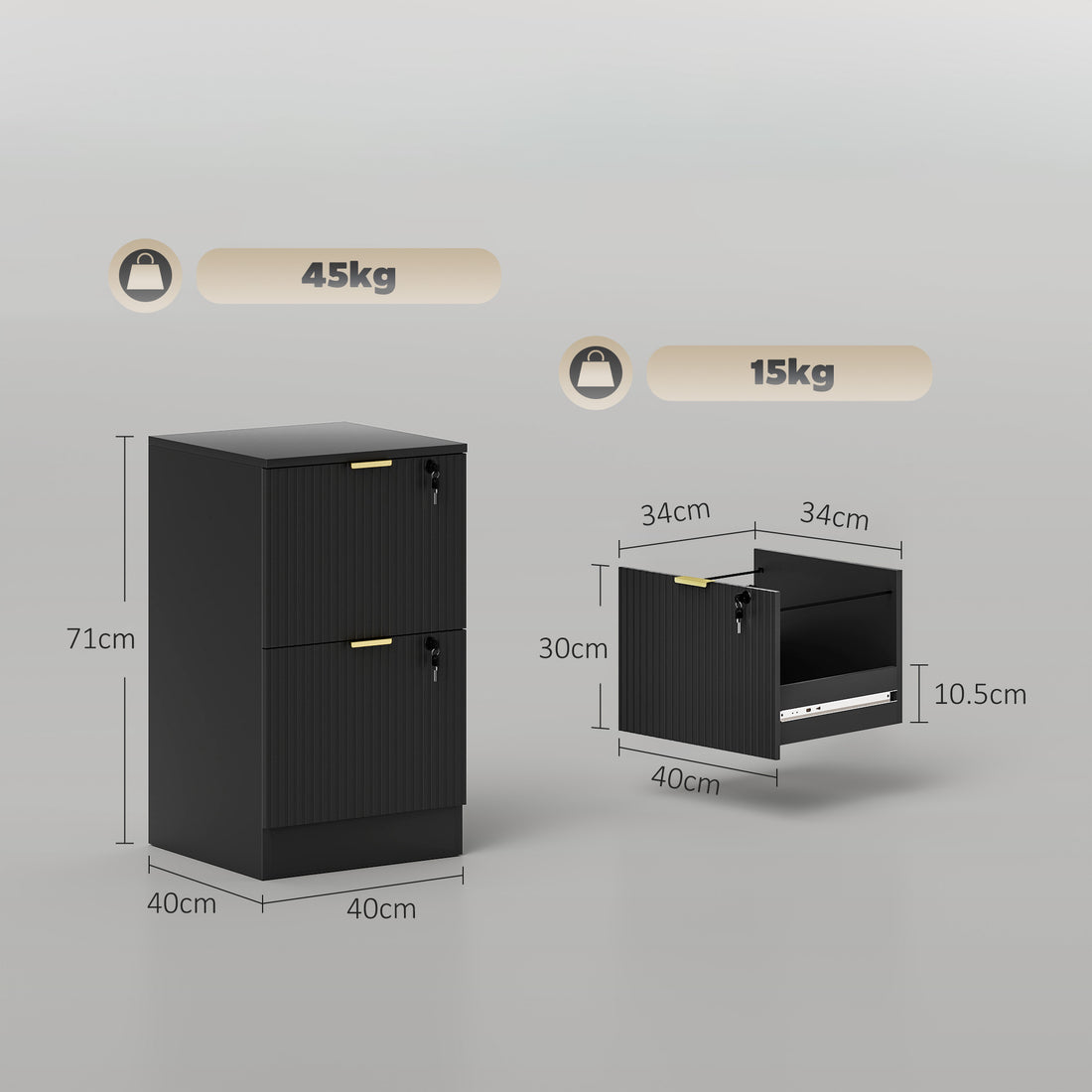 HOMCOM Filing Cabinet, Fluted Vertical File Cabinet with 2 Lockable Drawers and Hanging Rails, Black