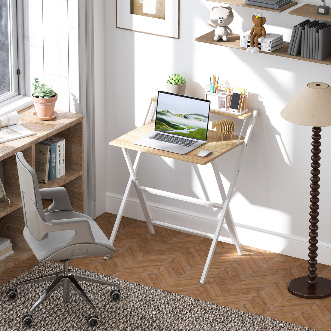 HOMCOM 70 cm Folding Computer Desk with Monitor Shelf - Natural Wood Finish