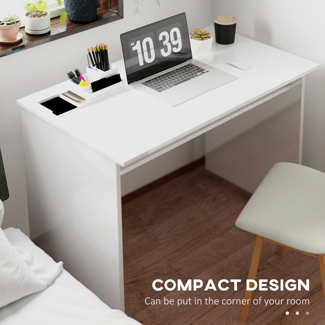 HOMCOM 90 x 50cm Computer Table, Modern Home Office Desk, Small Writing Desk with Storage Shelf, High Gloss White