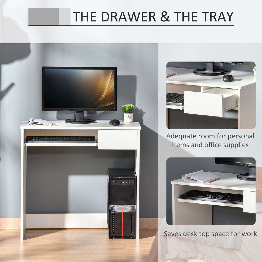HOMCOM 80cm Compact Computer Desk with Keyboard Tray, Home Office Desk with Drawer for Bedroom Study, White