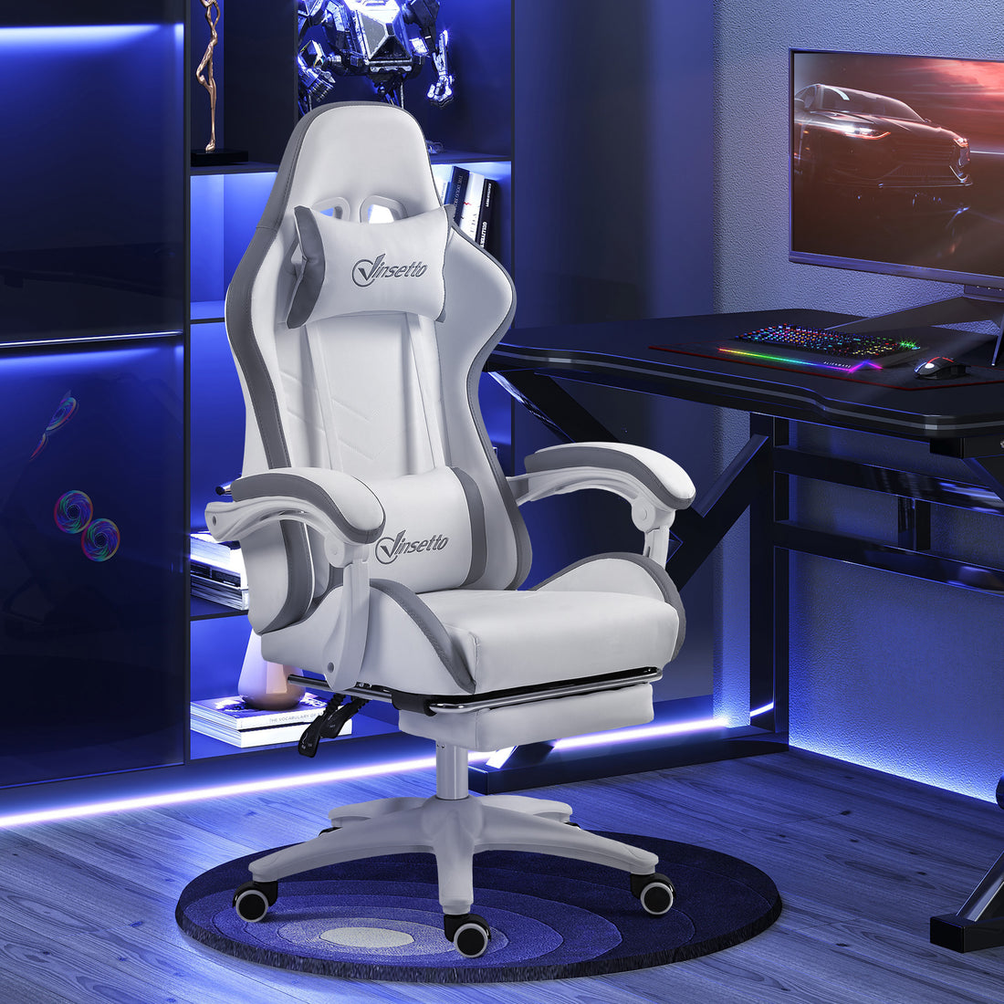 Vinsetto Computer Gaming Chair, PU Leather Desk Chair with Footrest, Swivel Task Chair with 135° Reclining Back, White & Grey