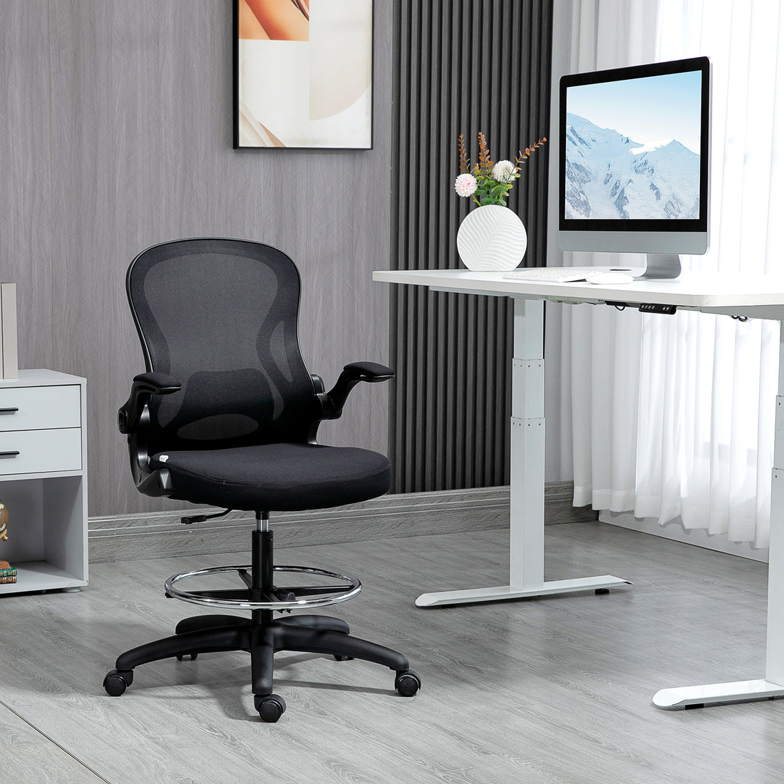 Vinsetto Adjustable Mesh Standing Desk Chair with Flip-up Armrests Lumbar Support Armrests Adjustable Footrest Ring Black