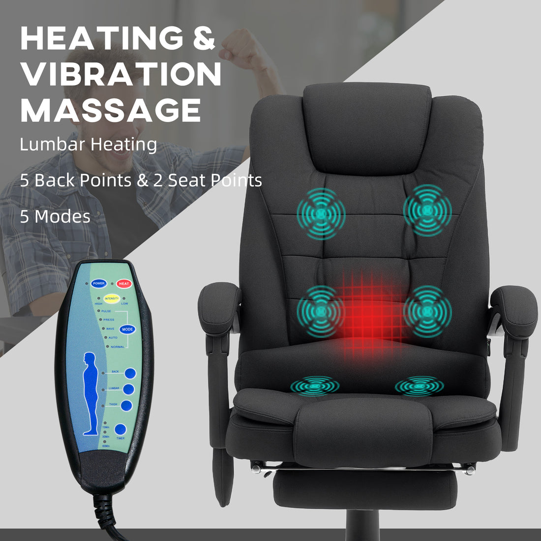 Vinsetto Office Chair with 6 Point Massage and Back Heat, Microfibre Desk Chair with Adjustable Height, Full Black