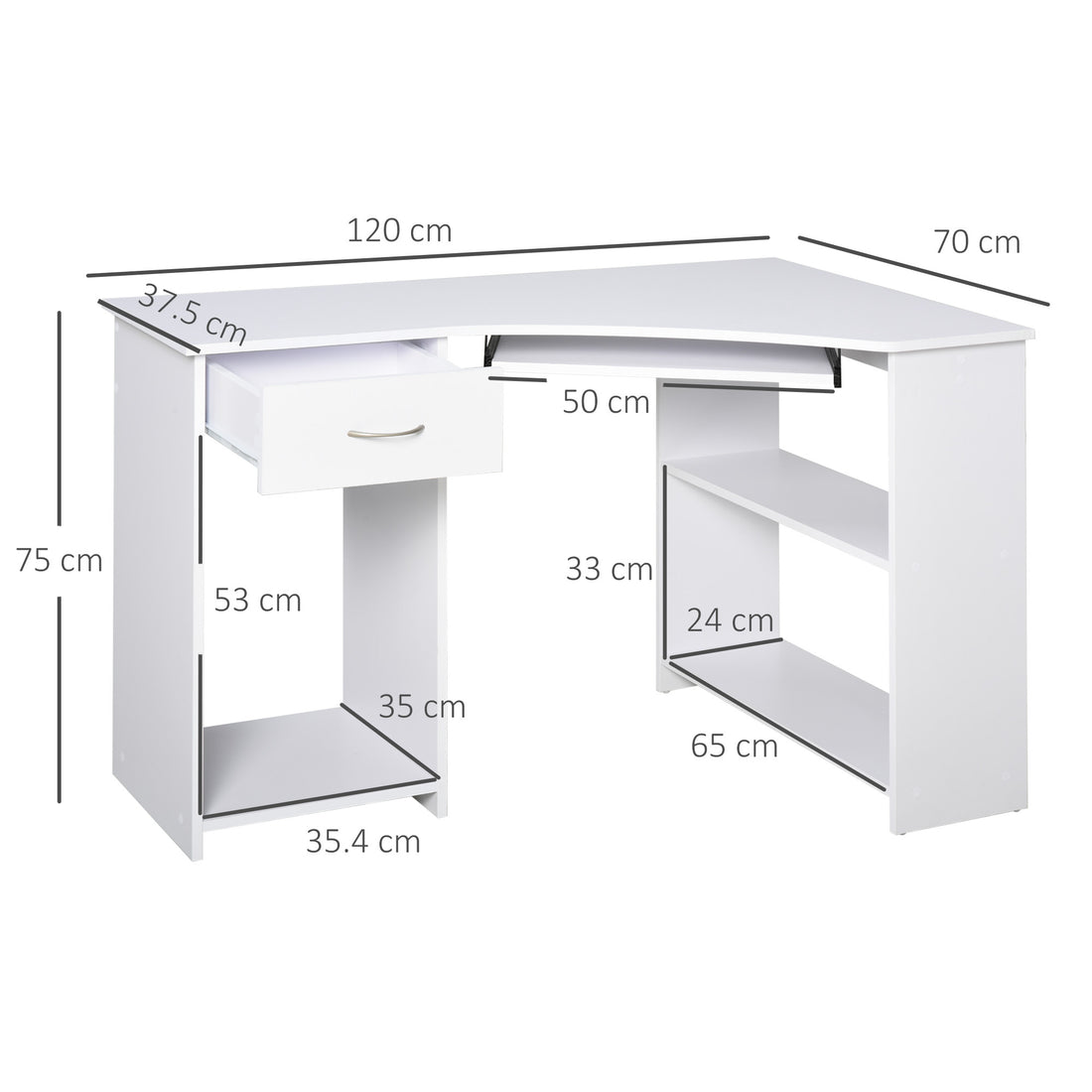 HOMCOM L-Shaped Corner Computer Desk w/ 2 Shelves Wide Worktop Keyboard Tray Drawer & CPU Stand Home Office Study Bedroom Furniture White