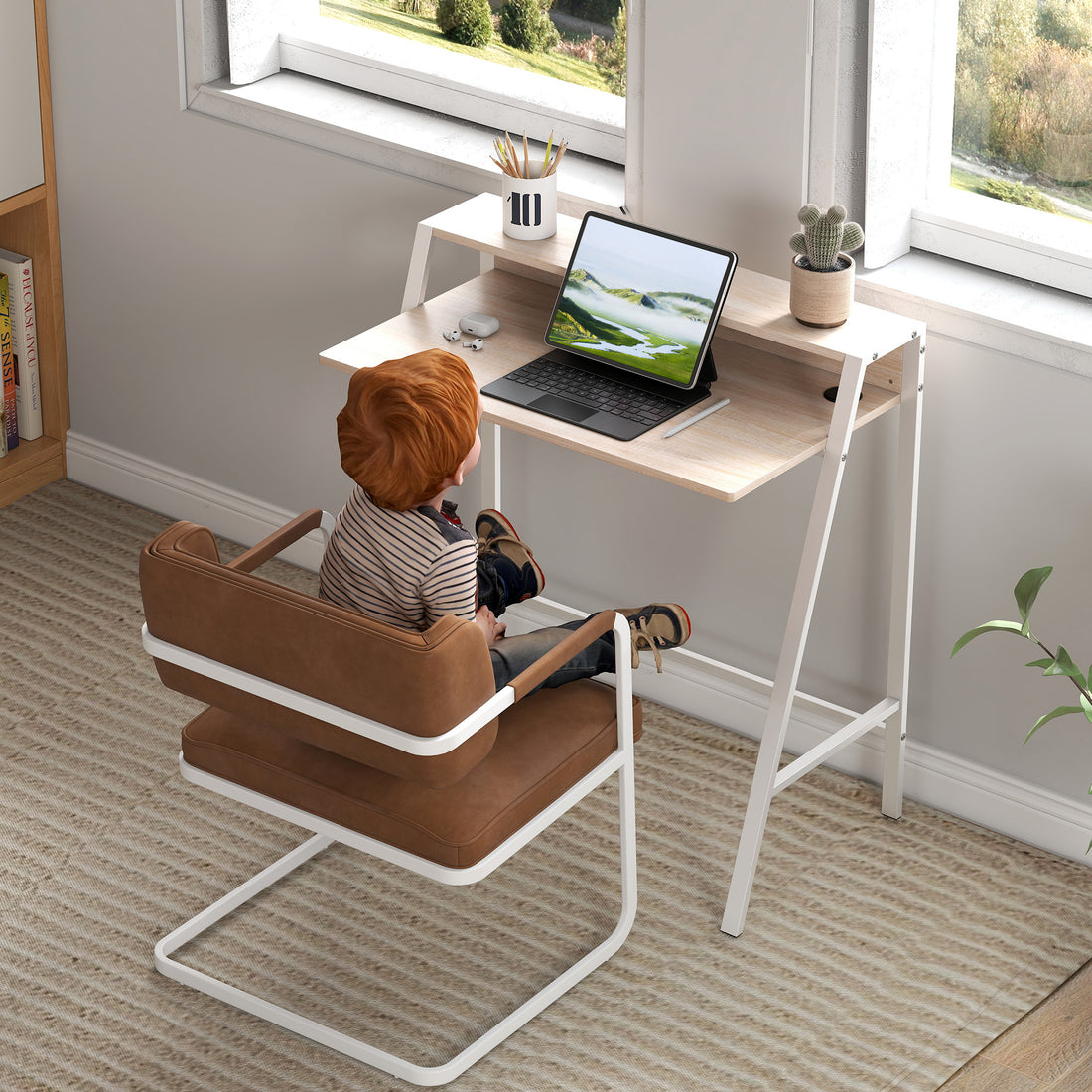 HOMCOM Writing Desk Computer Table Home Office PC Laptop Workstation Storage Shelf 84L x 45W cm White and Oak