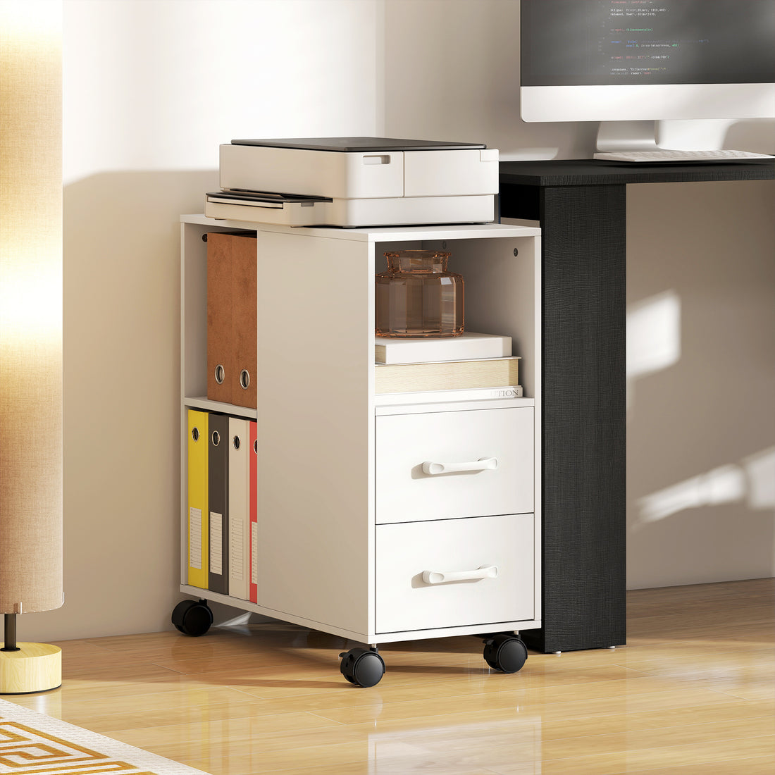 HOMCOM Narrow Mobile Printer Table with Wheels, Rolling Printer Stand with Drawers for Home Office, 30 x 60 x 65 cm, White