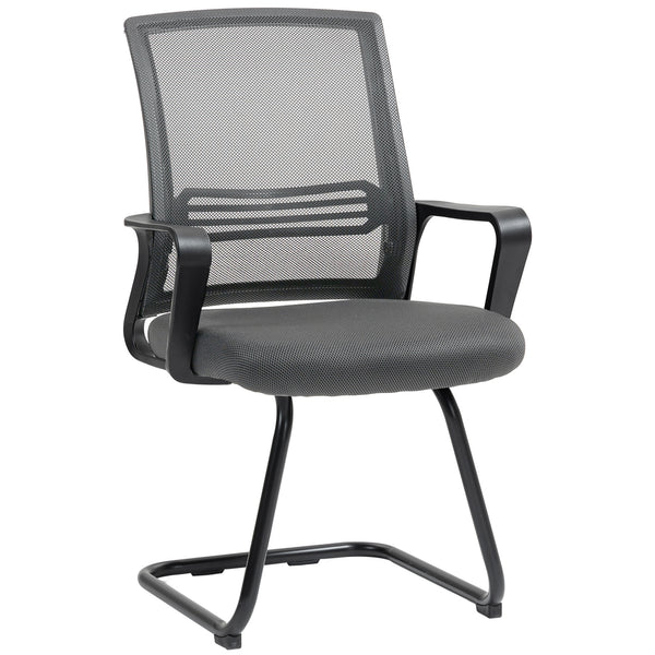 HOMCOM Padded Meeting Office Chair, Ergonomic Desk Chair No Wheels with Sled Base for Bedroom, Waiting, Reception, Dark Grey