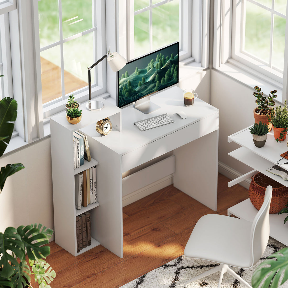 HOMCOM Desk with Storage, Computer Desk with 3 Open Shelves and Drawer, Workstation, Computer Table, White