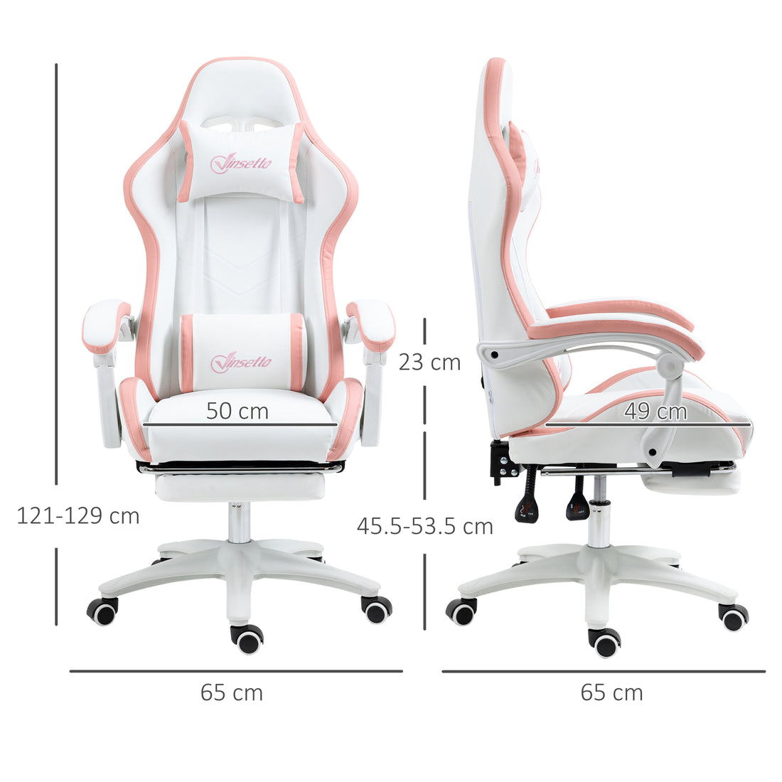 Vinsetto Gaming Chair, Computer Gamer Chair with Reclining High Back, Headrest, Lumbar Support, Footrest, Swivel Wheels, PU Leather, Adjustable Height for Home, White and Pink