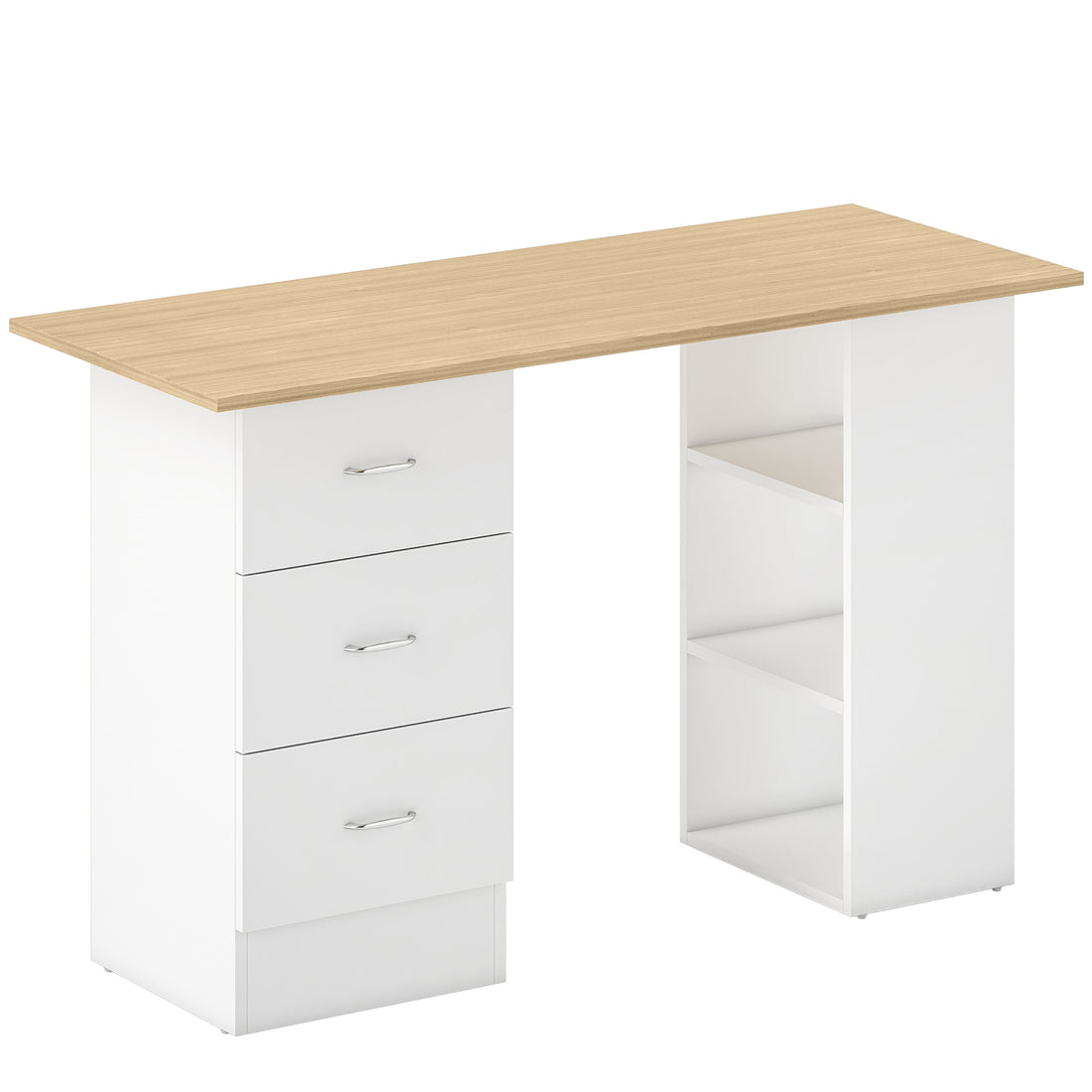 HOMCOM Computer Desk with Drawers, Home Office Desk, Writing Table, PC Workstation with 3 Storage Shelves for Working, Study, 120 x 49 x 72 cm, Natural Wood Finish and White