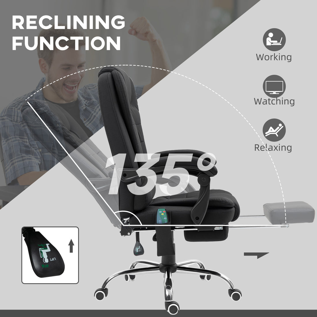 Vinsetto Office Chair with 6 Point Massage and Back Heat, Microfibre Desk Chair with Adjustable Height, Full Black