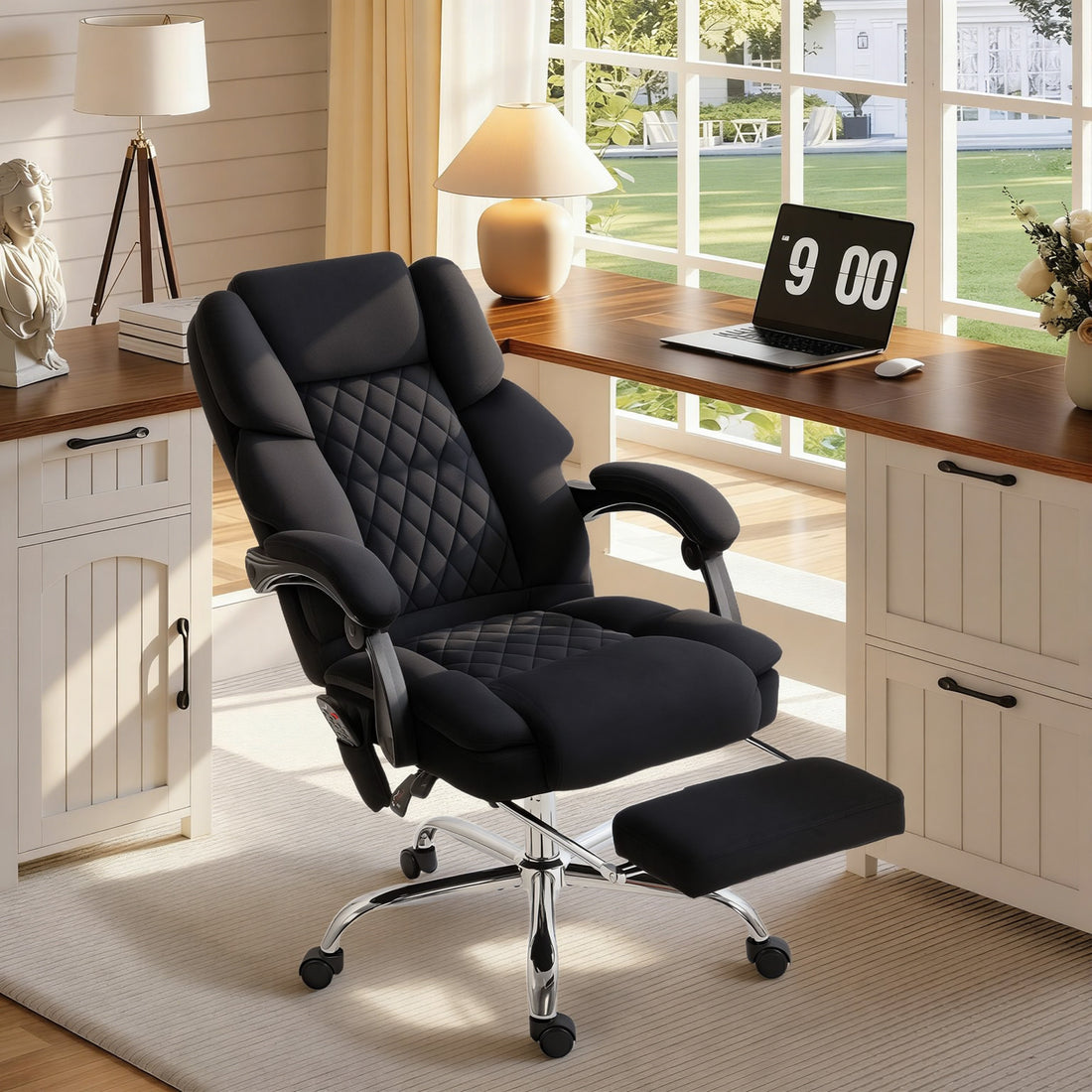 HOMCOM Office Chair with 6-point Vibration Massage and Heat, Fabric Desk Chair with Footrest, High Back, Black