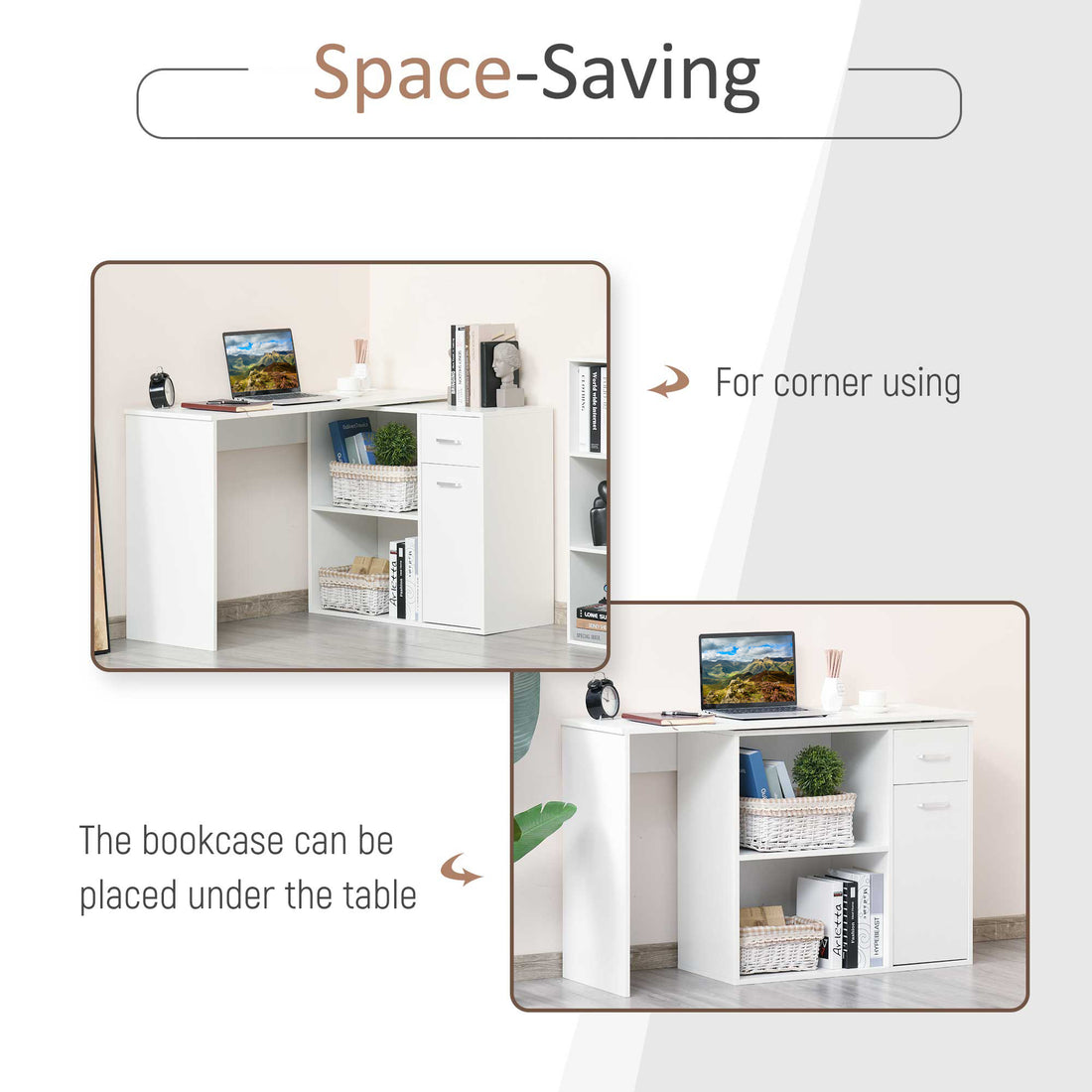 HOMCOM L-Shaped Desk, Corner Computer Desk, Adjustable Study Table with Storage Shelf, Drawer and Cabinet, Workstation for Home Office, White Wood Grain