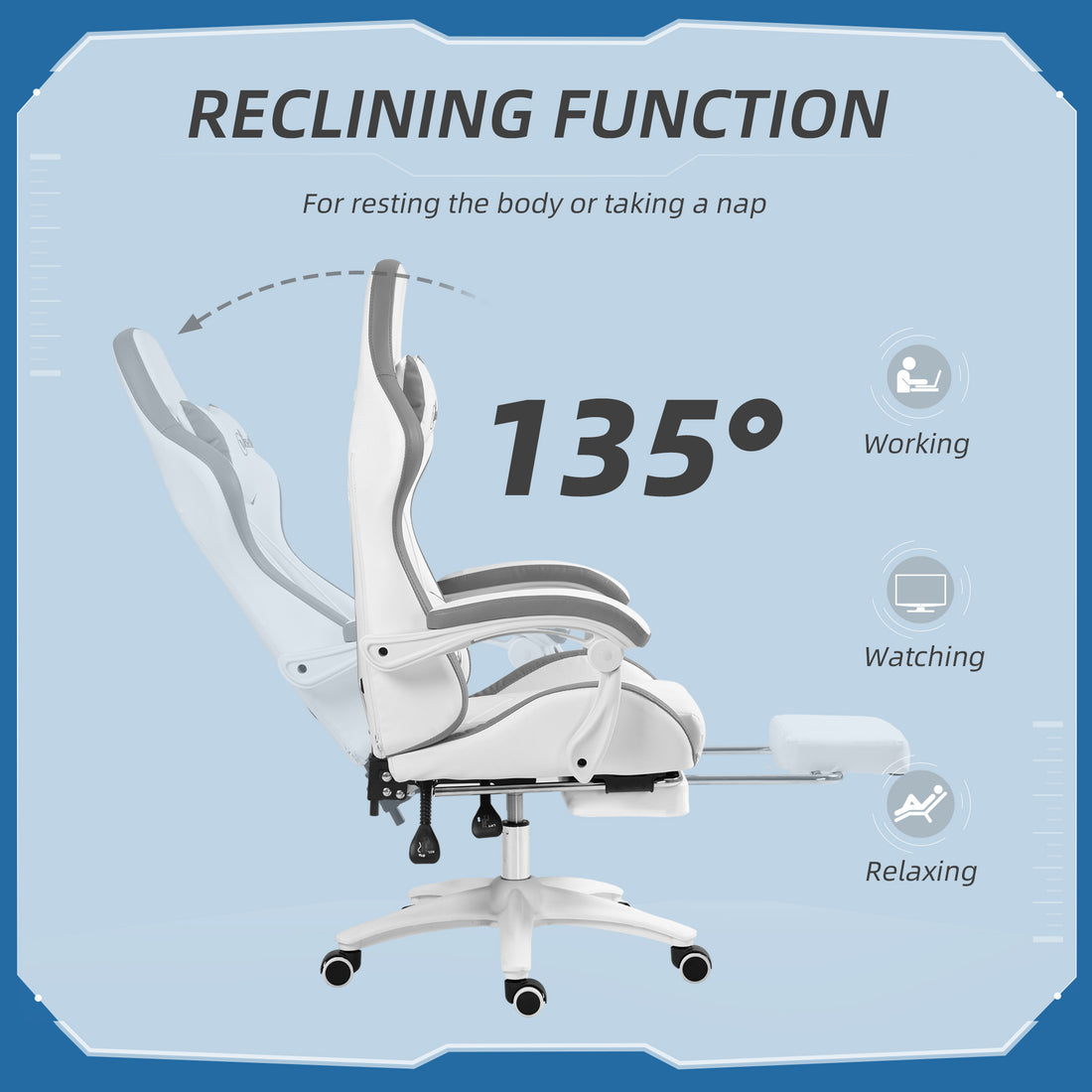 Vinsetto Computer Gaming Chair, PU Leather Desk Chair with Footrest, Swivel Task Chair with 135° Reclining Back, White & Grey