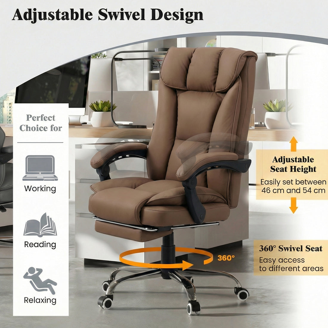 HOMCOM 155° Reclining Faux Leather Swivel Office Chair - Brown