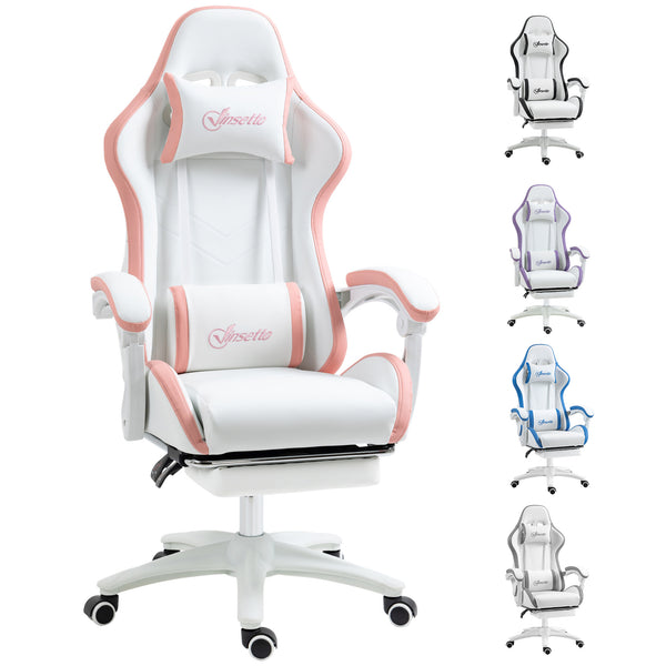 Vinsetto Gaming Chair, Computer Gamer Chair with Reclining High Back, Headrest, Lumbar Support, Footrest, Swivel Wheels, PU Leather, Adjustable Height for Home, White and Pink