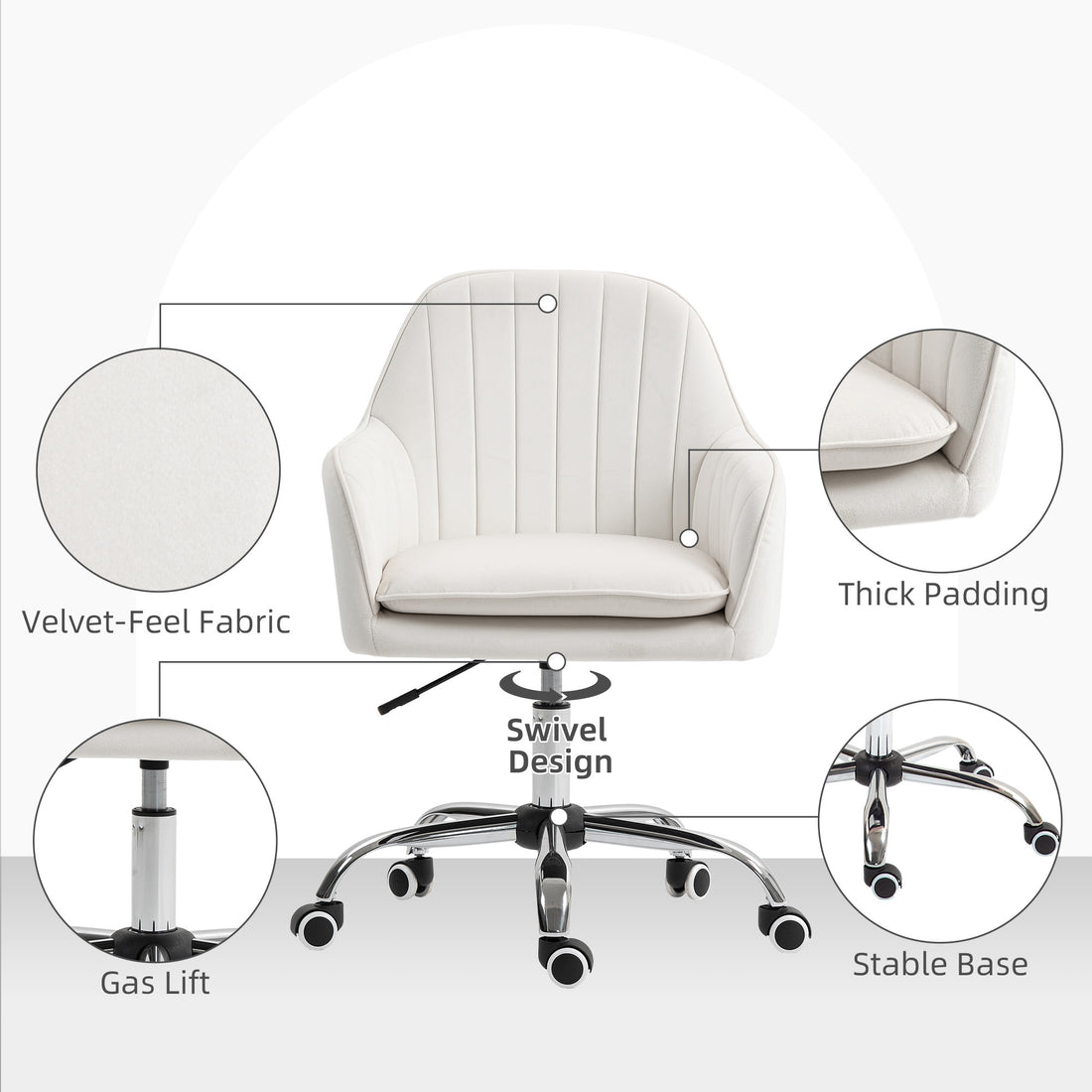 HOMCOM Velvet-Feel Office Chair with Adjustable Height and Wheels - Cream White