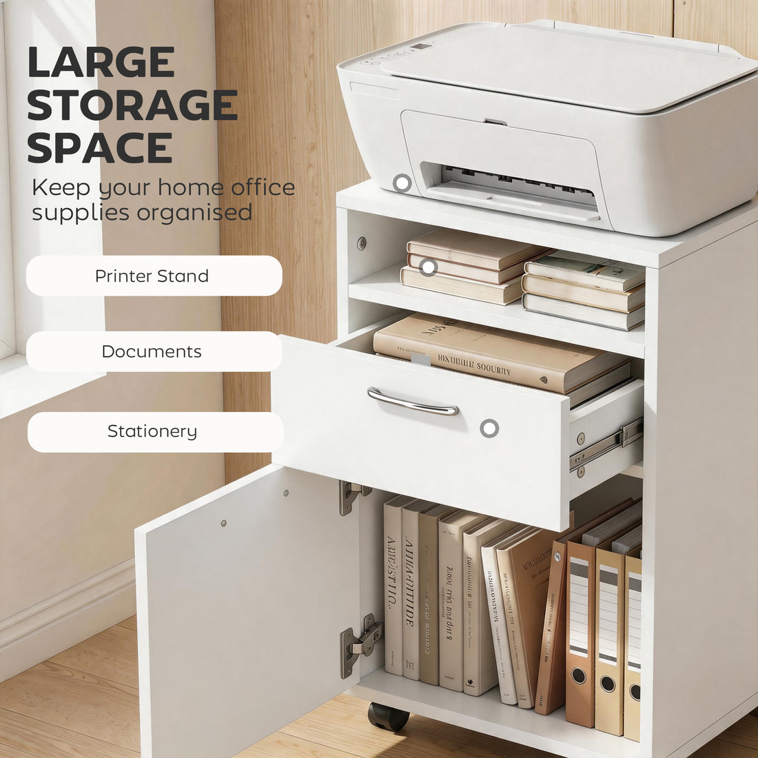 HOMCOM Filing Cabinet, Mobile File Cabinet with 2 Lockable Drawers, Office Home Organiser on Wheels for A4, Letter-Size File Folders, Mobile Printer with Open Shelf, White