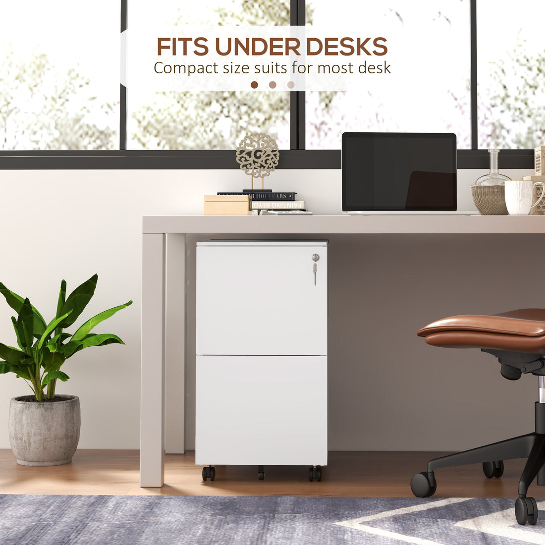 Vinsetto 2-Drawer Filing Cabinet with Lock and 5 Wheels, Steel Mobile File Cabinet, for A4, Legal and Letter Size, Pre-Assembled Body, White