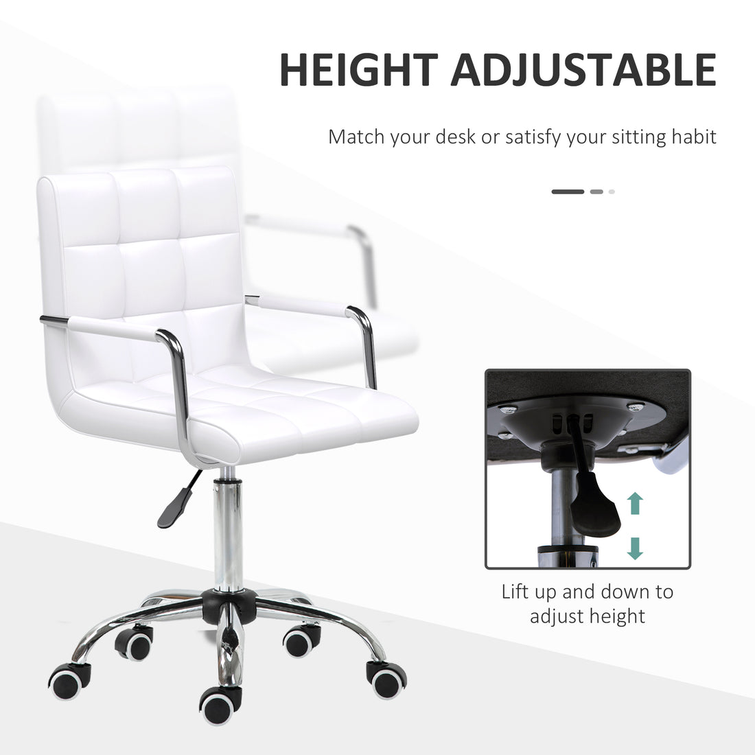 Vinsetto Makeup Vanity Chair, PU Leather Mid Back Office Chair with Adjustable Height, Armrest and Rolling Wheels, White