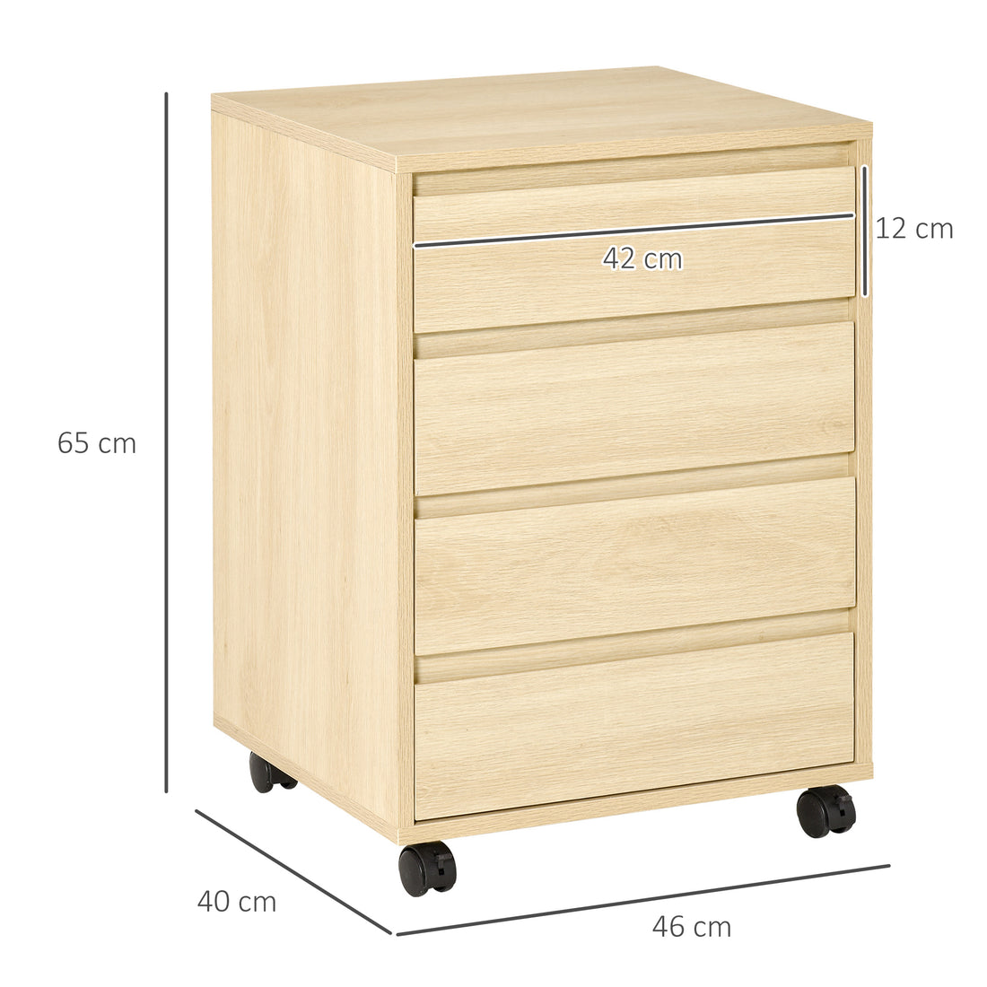 HOMCOM Four-Drawer Office Filing Cabinet, with Wheels - Natural Wood Finish