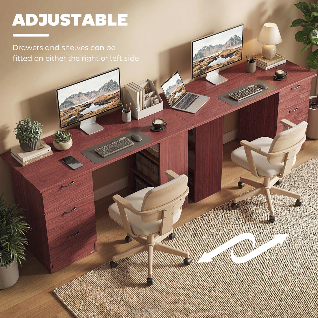 HOMCOM Computer Desk, Writing Table, PC Workstation with 3 Storage Shelves and Drawers, Handle, for Home Office, Walnut Brown