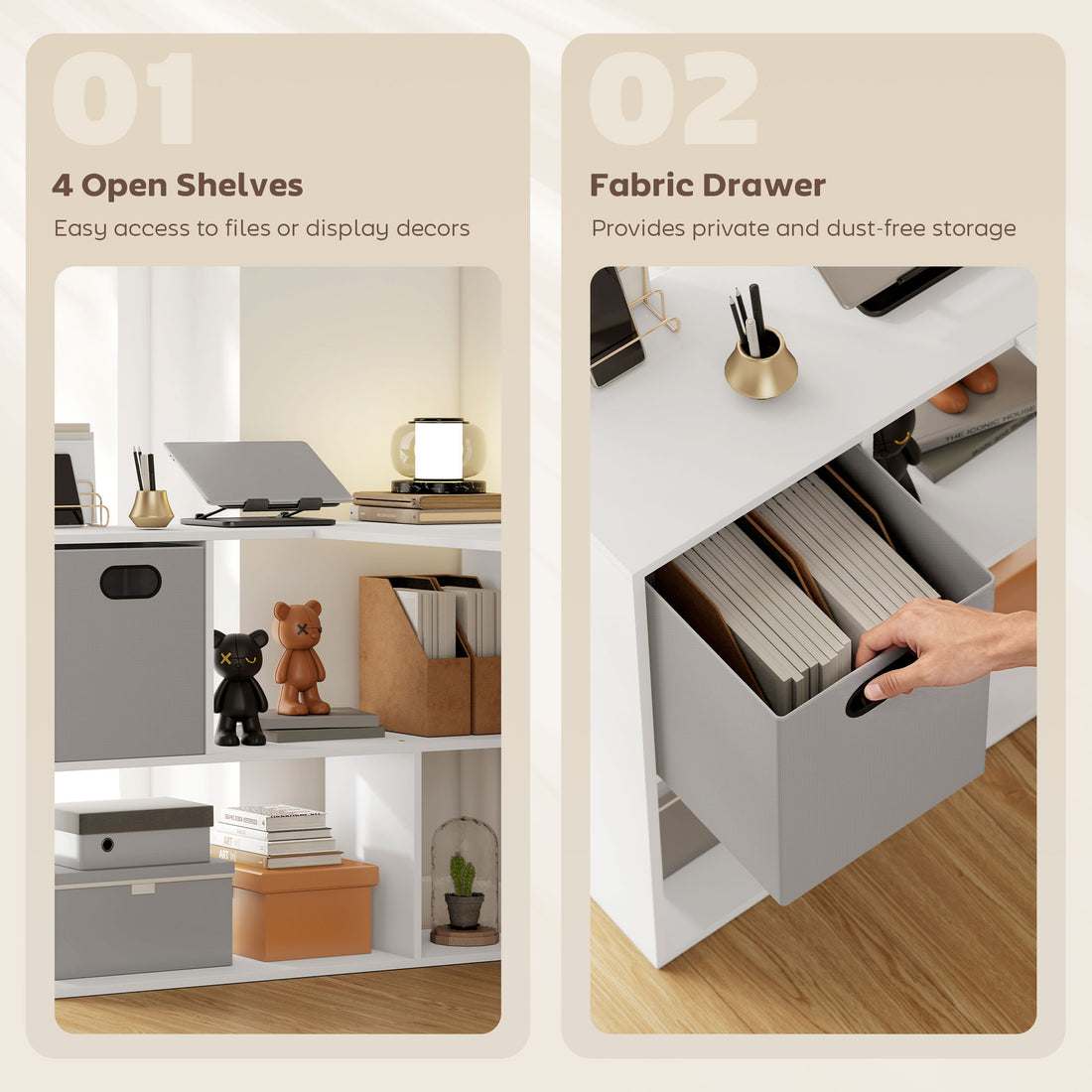 HOMCOM L Shaped Computer Desk, 110 x 100cm Corner Desk with Fabric Drawer and Storage Shelves, White