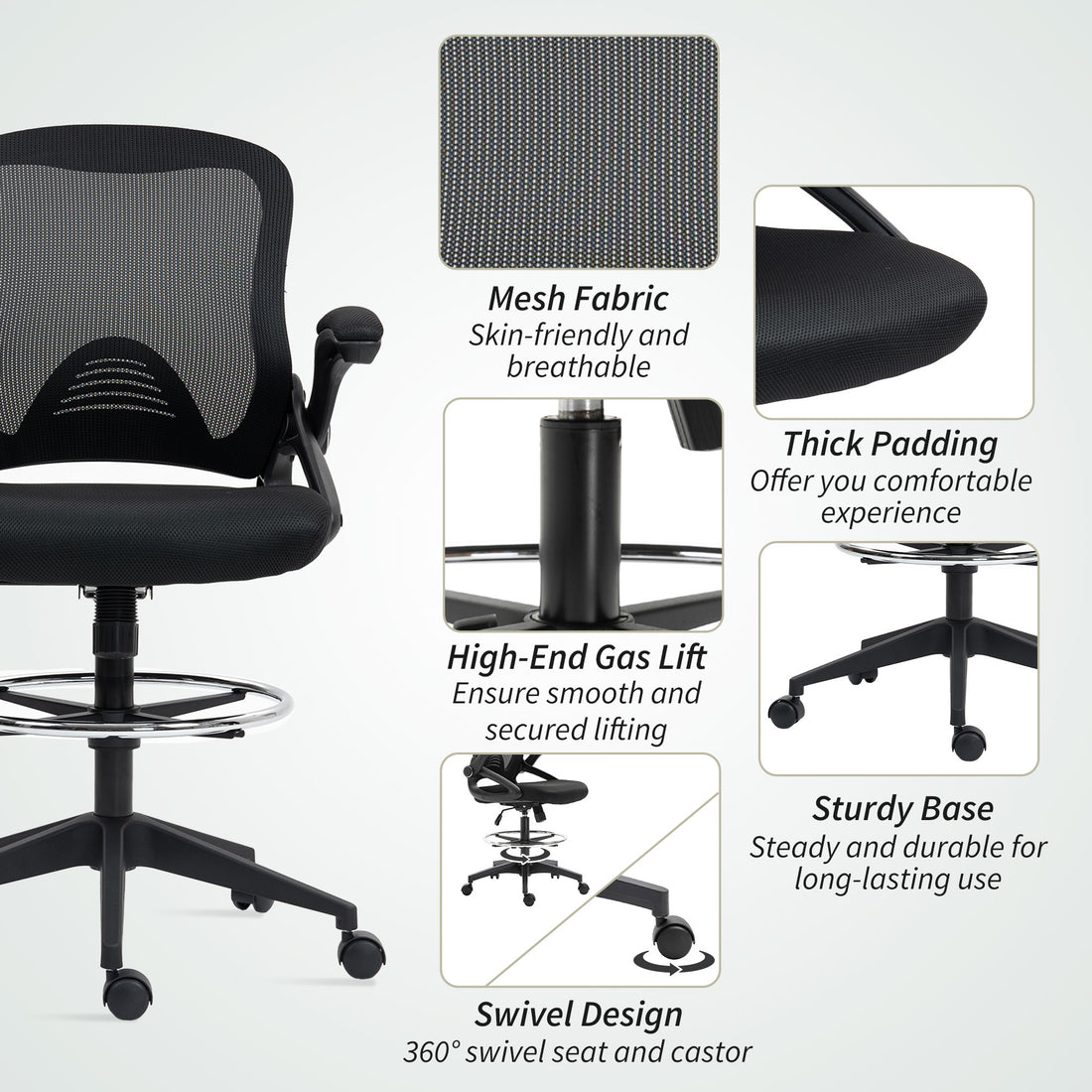 Vinsetto Drafting Chair with Flip-up Armrest, Mesh Office Stool with Foot Ring, 360 Degree Swivel Height Adjustable Chair for Standing Desk, Black