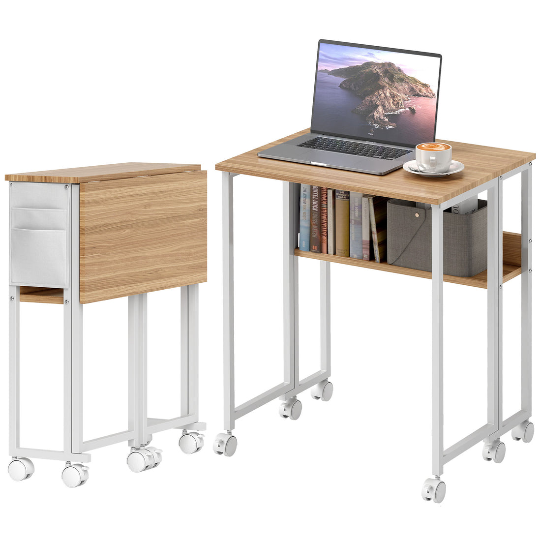 HOMCOM 63 cm Drop Leaf Writing Work Desk - Natural Wood Finish