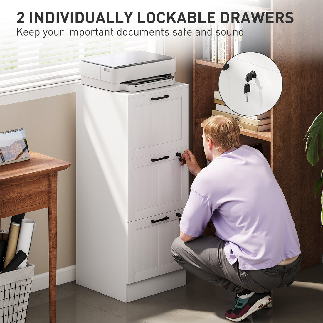 HOMCOM 3 Drawer Filing Cabinet with Lock, Office Storage Cabinet with Adjustable Hanging Bars for A4 Letter Size Files, White