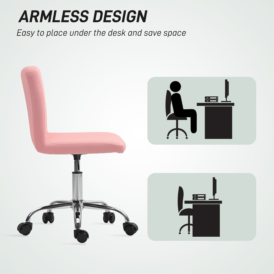 HOMCOM PU Leather Armless Office Chair, Modern Vanity Computer Swivel Chair with Rolling Wheels and Adjustable Height for Home Study, Bedroom, Pink