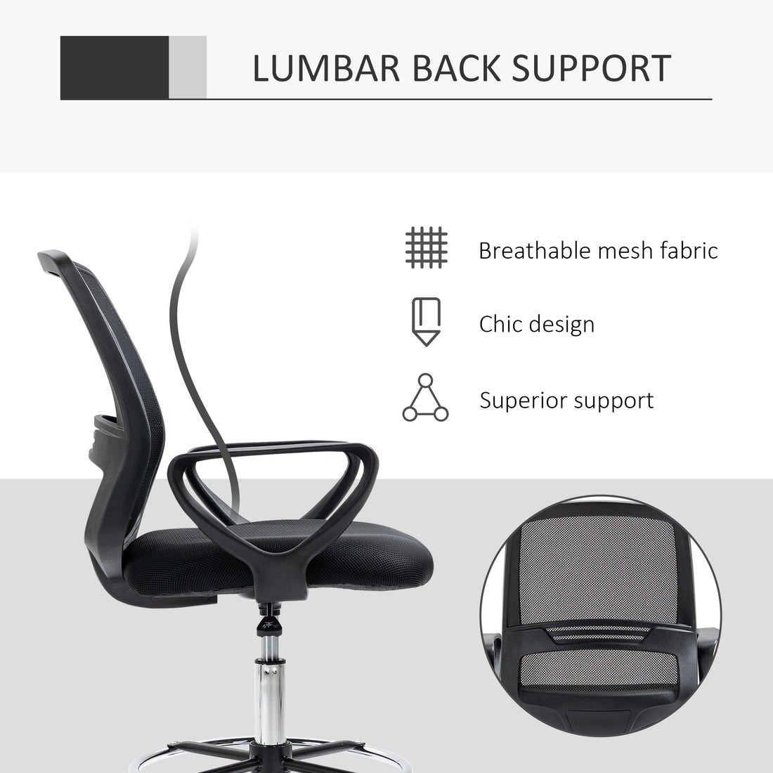 Vinsetto Drafting Chair, Ergonomic Tall Office Chair with Mesh Back, Lumbar Support, Adjustable Height and Foot Ring, Swivel Wheels, for Standing Desk, Black