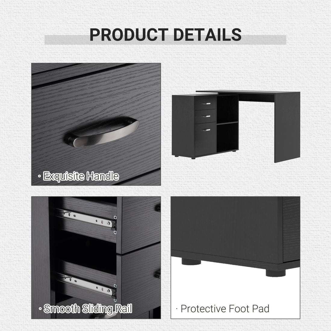 HOMCOM L Shaped Computer Desk, Reversible Home Office Desk with Drawers, File Cabinet and Storage Shelves, Study Table, 117 x 83.5 x 76cm, Black