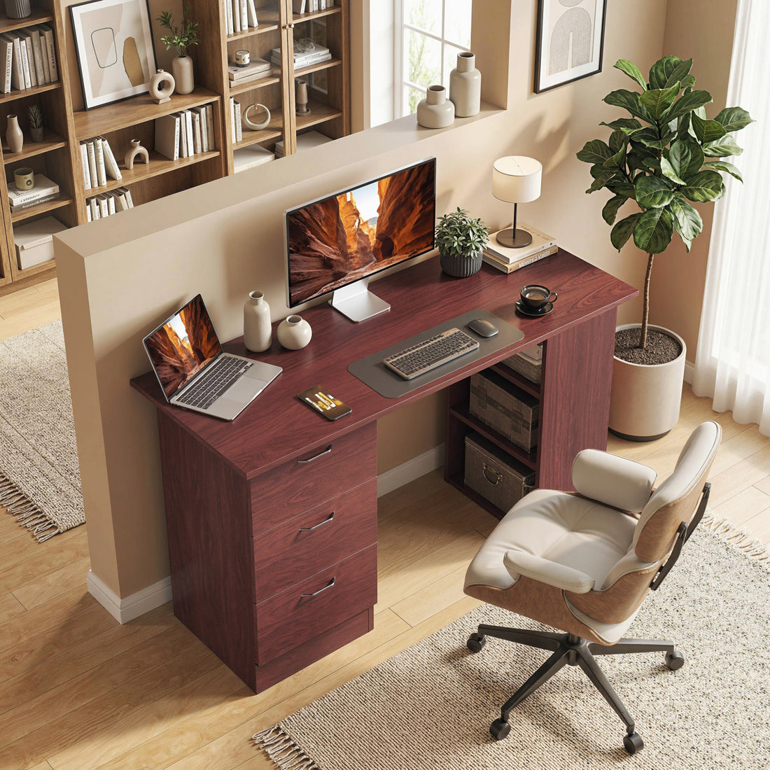 HOMCOM Computer Desk, Writing Table, PC Workstation with 3 Storage Shelves and Drawers, Handle, for Home Office, Walnut Brown