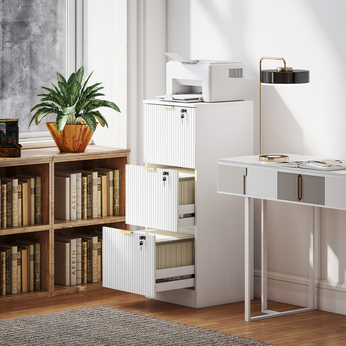 HOMCOM Filing Cabinet, Fluted Vertical File Cabinet with 3 Lockable Drawers and Hanging Rails, White