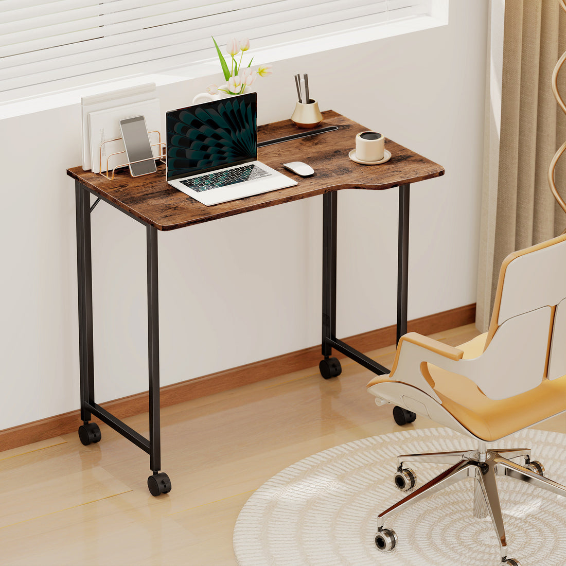 HOMCOM Folding Small Desk on Wheels - Rustic Brown