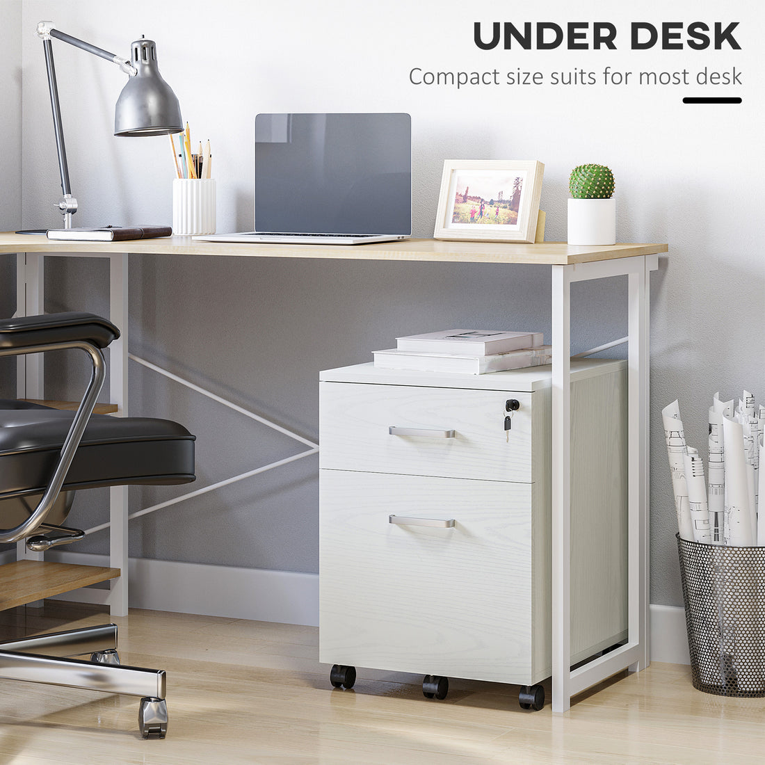 Vinsetto 2-Drawer Locking Office Filing Cabinet w/ 5 Wheels Rolling Storage Hanging A4 Cupboard Home Organisation White Wood Grain