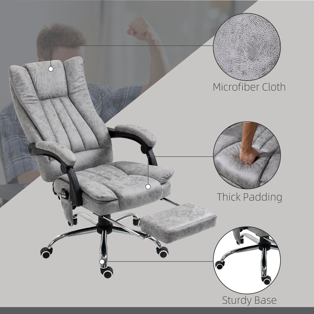 Vinsetto Office Chair with Massage and Heat, Microfibre Reclining Computer Desk Chair with Footrest and Adjustable Height, Swivel Wheels for Home Office, Grey