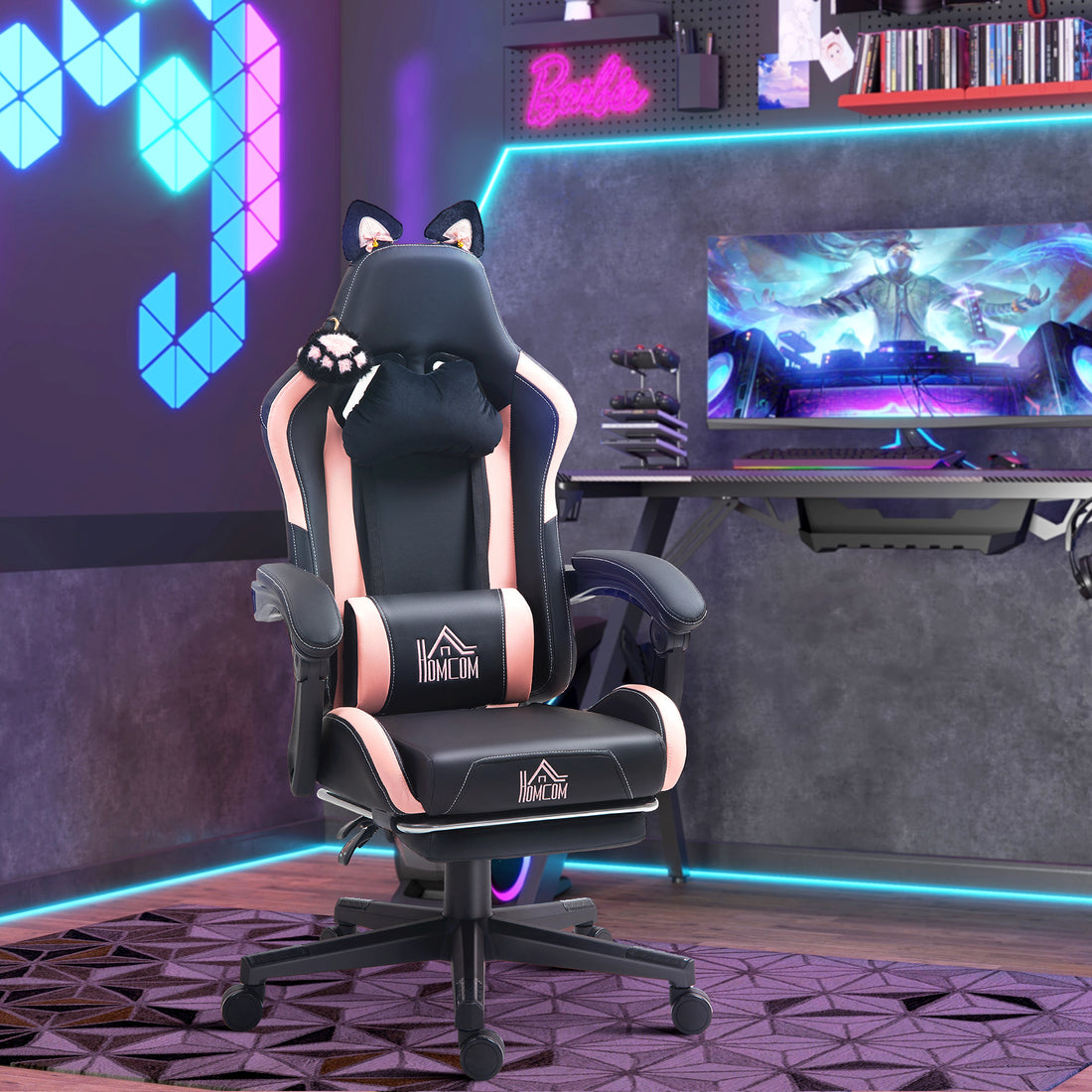 HOMCOM Cat Ear and Paw Reclining Office Chair, with Footrest - Black/Pink