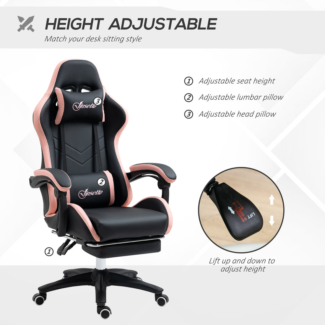 Vinsetto Gaming Chair, Computer Gamer Chair with Reclining High Back, Headrest, Lumbar Support, Footrest, Swivel Wheels, PU Leather, Adjustable Height for Home, Black and Pink